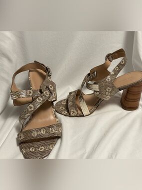 Via Spiga Taupe Snake-Print Strappy Block Heel Sandals